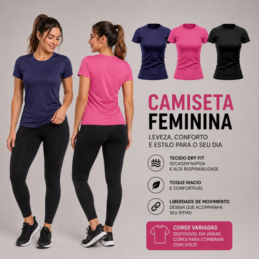 Kit 3 Camisetas Feminina Manga Curta Dry Fit Proteção Solar