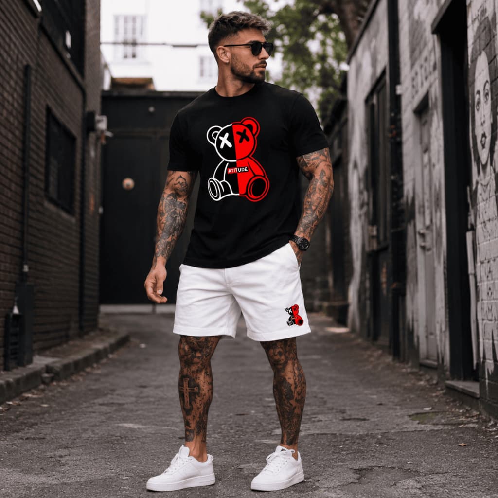 Conjunto Masculino Streetwear Camiseta e Short Tactel Estampa Atitude 100% Algodão Várias Cores