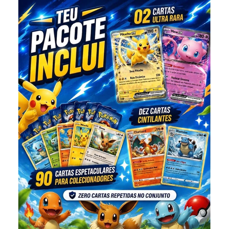 kit 102 cartas Pokémon tcg original sortidas sem repetir com ultra rara e foil brilhante