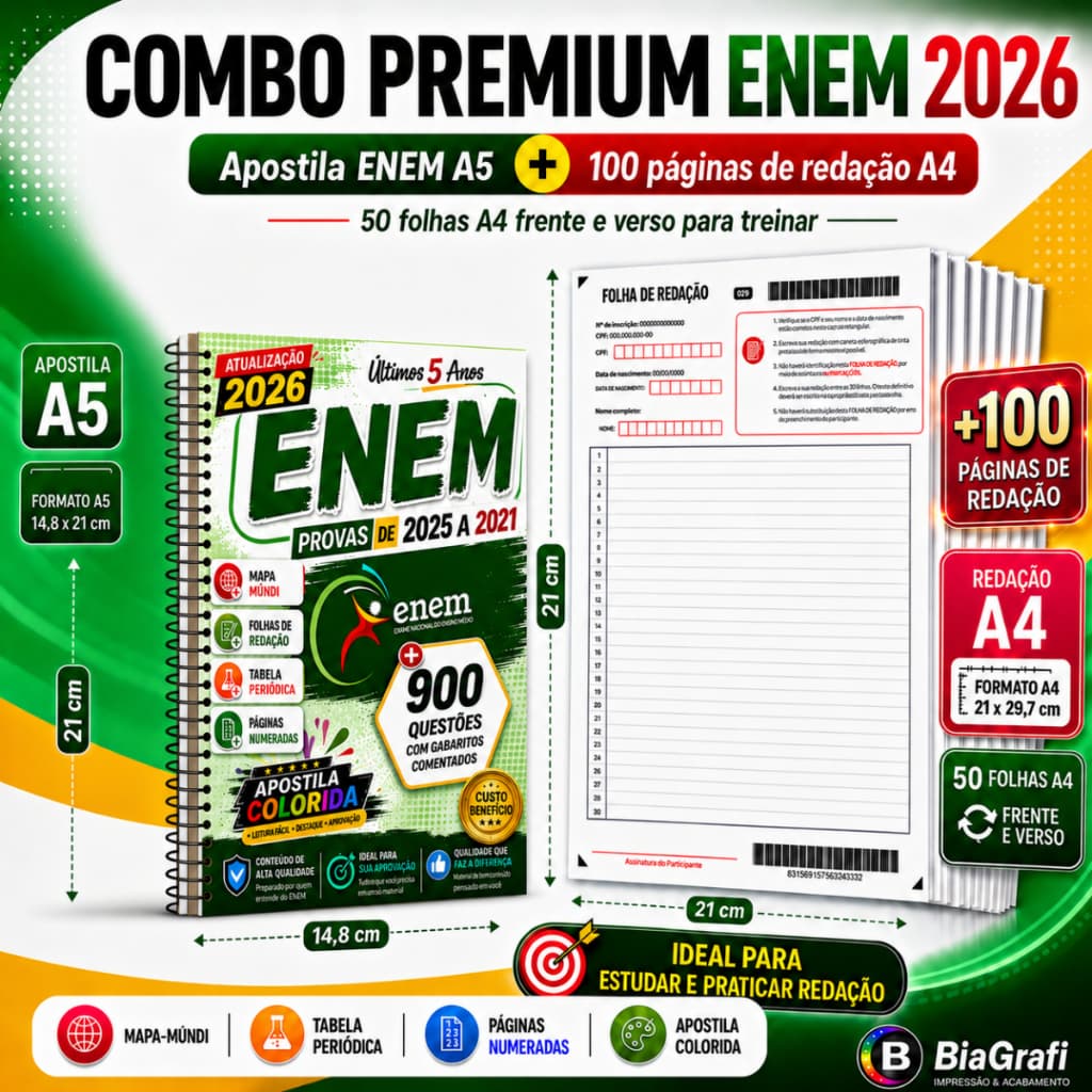 Kit ENEM 2026 A5 (21x14,8 cm) Provas +Gabaritos Últimos 5 Anos + 100 pág Redação + Periódica + Mundi