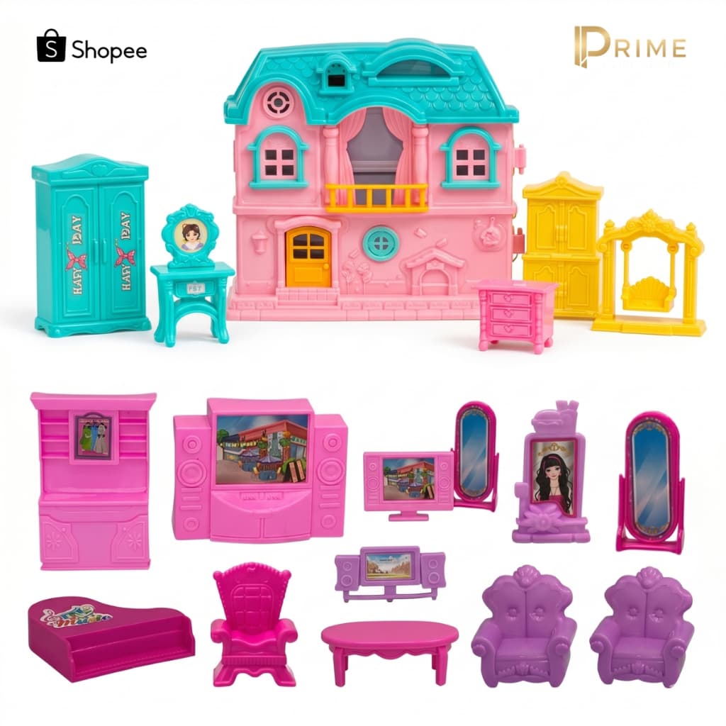 Casinha de Boneca Infantil e Kit de Móveis Acessórios em Plástico brinquedo