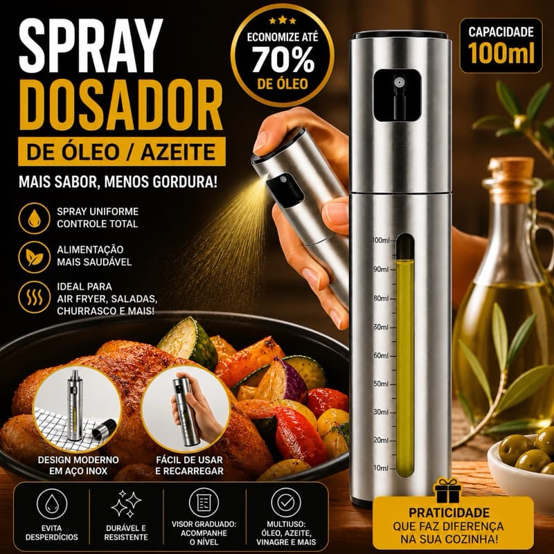 Porta Azeite Spray 100ml Inox Dosador Automático para Óleo e Vinagre | Borrifador Gourmet para Cozinha, Saladas