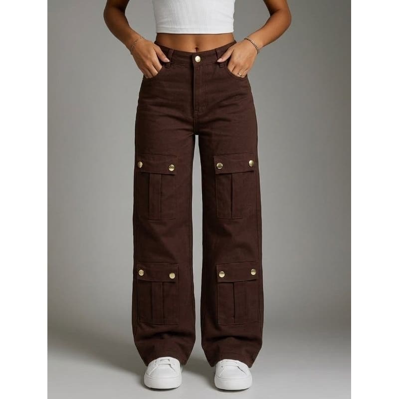Calça Cargo Feminina Wide Leg Cintura Alta Marrom Com  4 Bolsos Frontais