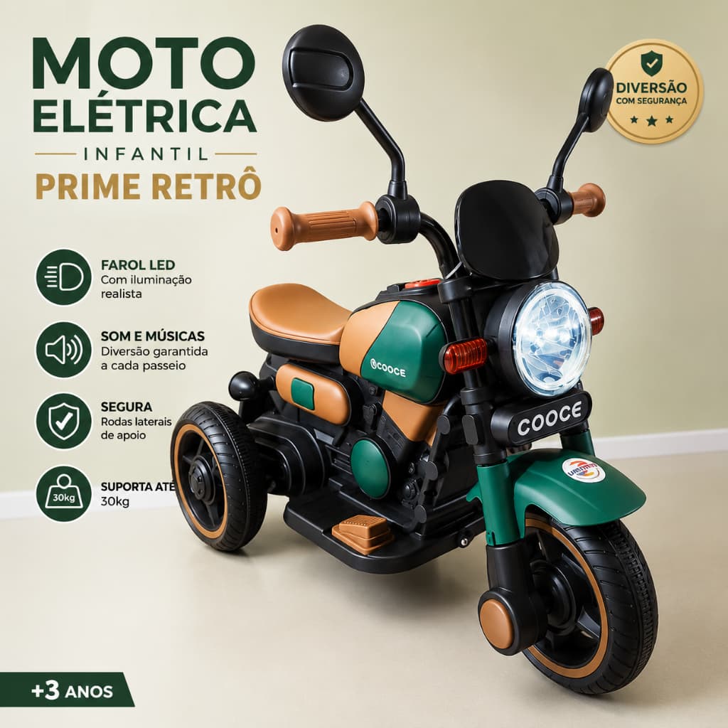 Moto Elétrica Infantil Retrô 6V com Farol LED Som e Rodinhas Laterais Verde