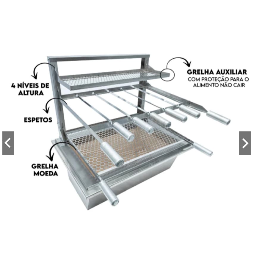 Braseiro 71x50 Inox 410 Suporte Flutuante 5 Espeto Moeda