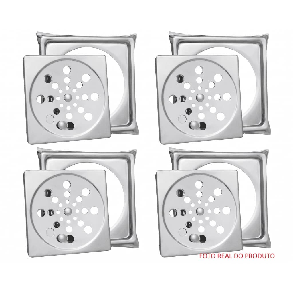 Kit 4 Ralo Grelha Inox 15x15 Quadrado com Caixilho Banheiro Lavanderia Piso