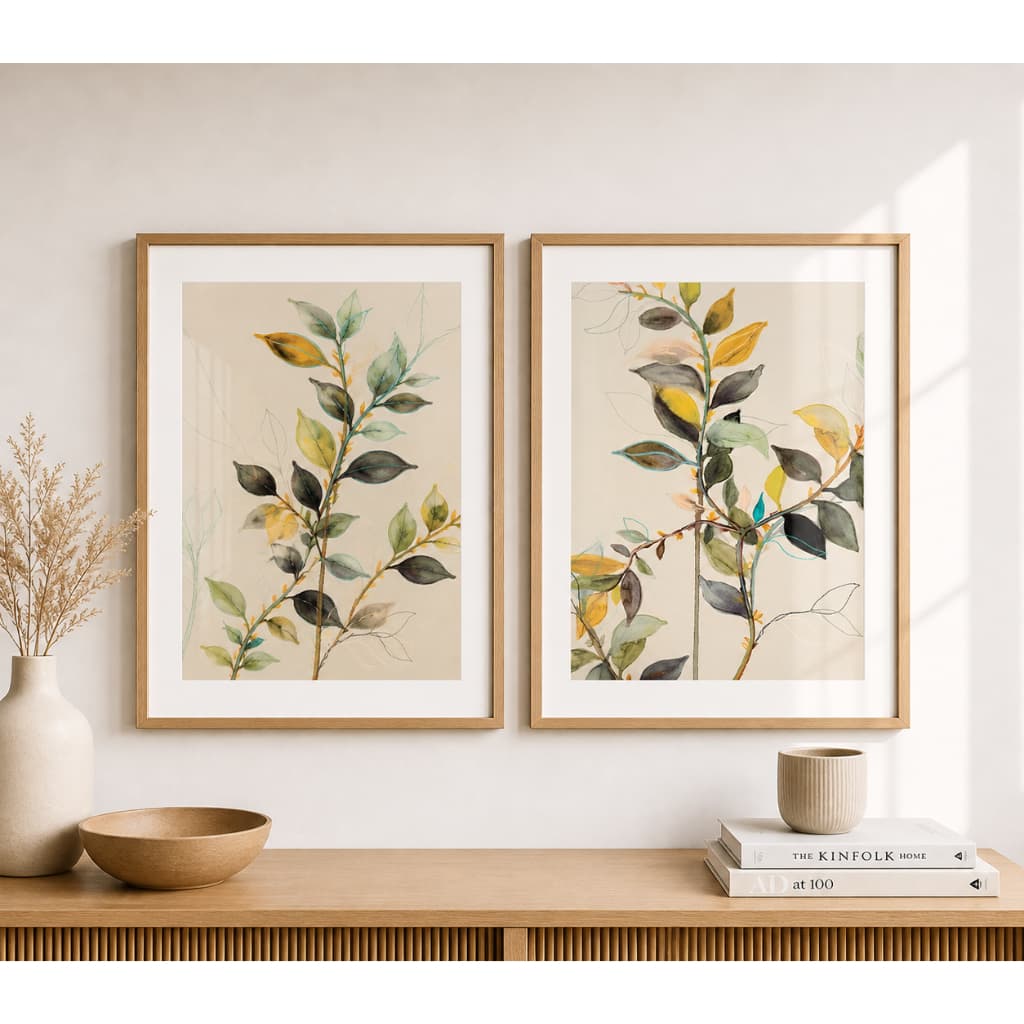 Kit 2 Quadros Decorativos Botânica Sala Quarto Galhos E Folhas Tons Neutros Elegante Com Moldura