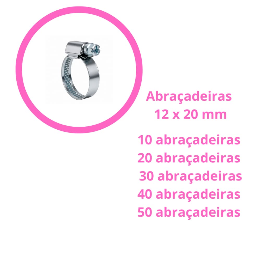 KIT com Abraçadeira de 12x20mm de aço com 10, 20, 30, 40 ou 50 unidades. 3 Tipos de Aperto: Fenda, Philips ou Sextavada