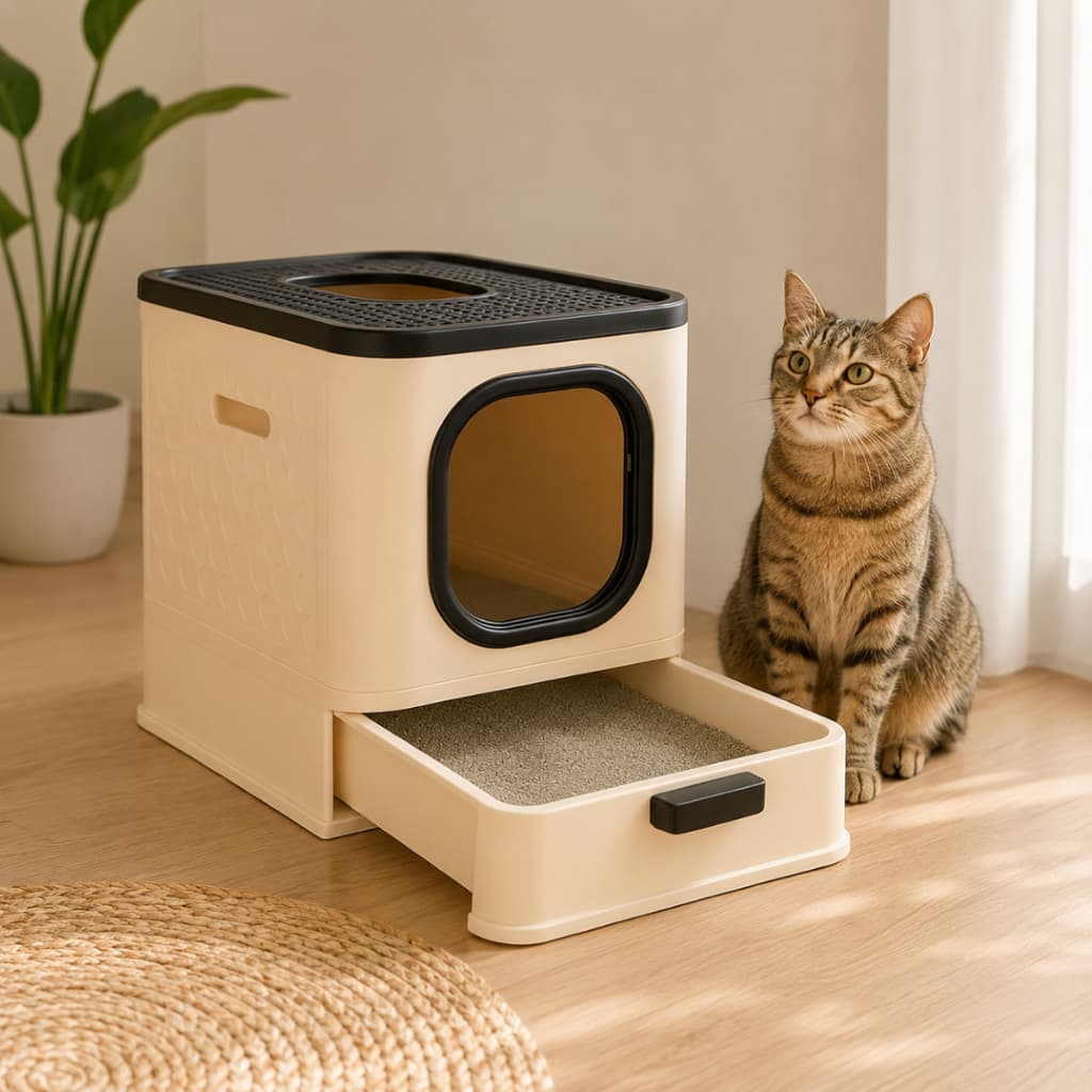 Caixa de Areia para Gatos Sanitario Antiodor Banheiro Resistente Sandbox com Comedouro e Pá