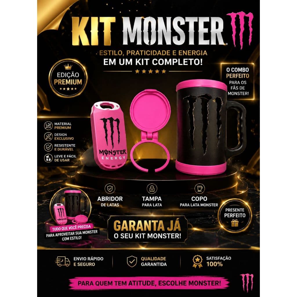 KIT Copo Monster p/ Lata + Abridor de lata + Tampa p/ lata