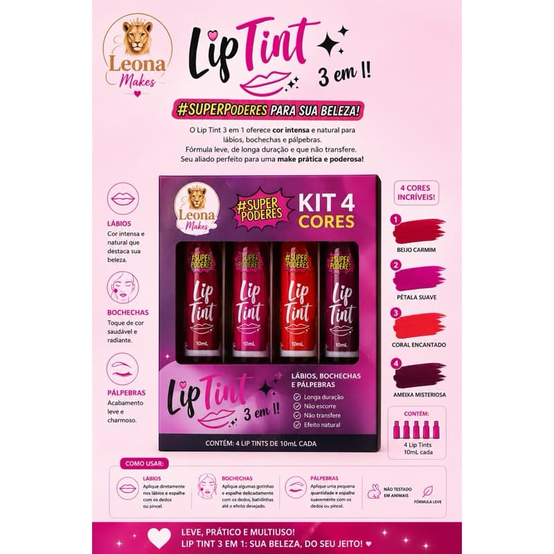 kit 4 Lip tints ✨ Lip Tint 3 em 1 Super Poderes – Cor para Lábios, Bochechas e Pálpebras ✨