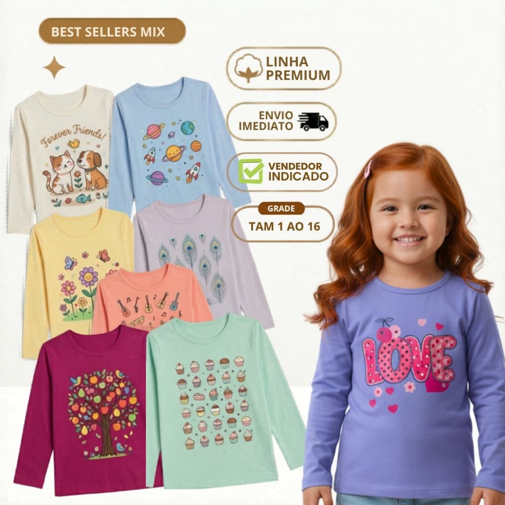 Kit 5 Camiseta Manga Longa Menina Blusinha Infantil Feminina Blusa Frio Infantil Algodão 1 a 16 anos