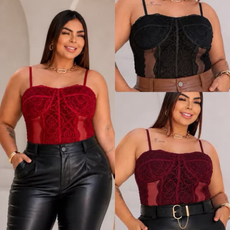 Cropped Corset Plus Size Feminino Elegante Rendado Sem bojo Alça Regulável Tamanho GG (46/50)