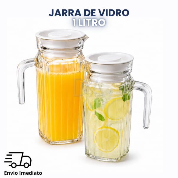Jarra de Vidro 1L Suiça com Tampa Água Suco Vidro Resistente