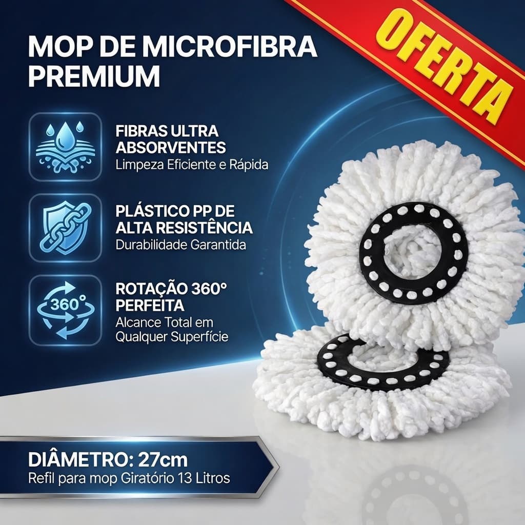 Refil para Mop Giratório 13 Litros Microfibra Lavável Clean Tech Resistente Utilidades Domésticas