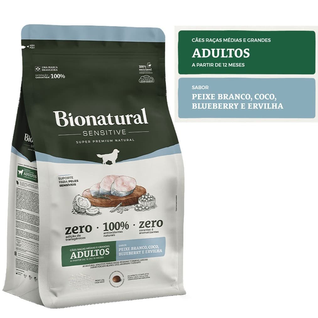 Ração Bionatural Sensitive Cães Adultos Raça Média e Grande Peixe Branco 15 KG