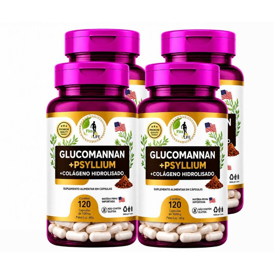 4x Glucomannan + Psyllium + Colágeno Hidrolisado 120 Cápsulas – Suplemento Natural - Envio Imediato