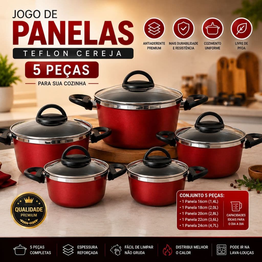 JOGO DE PANELA ANTIADERENTE  NÃO GRUDA 5 PEÇAS COM TAMPA DE VIDRO REFORÇADA
