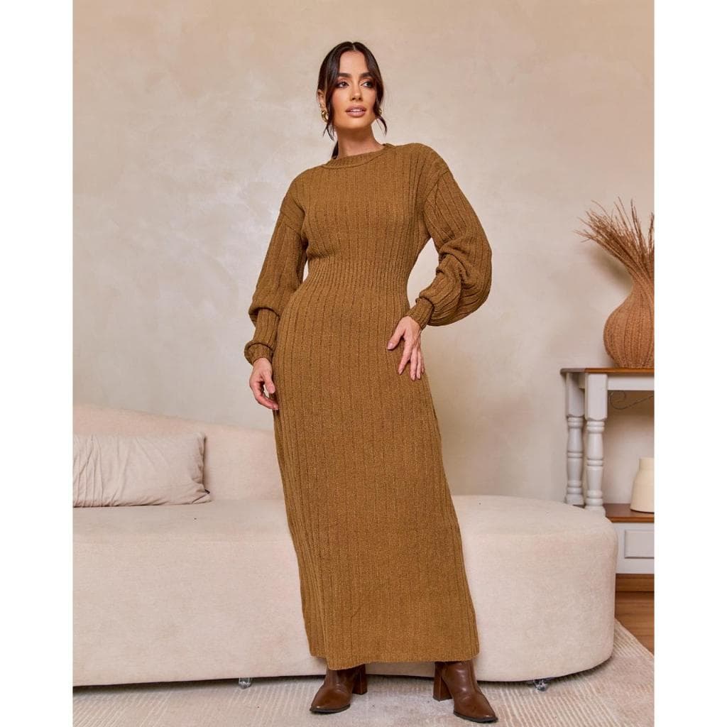 Vestido Feminino Manga Longa Mousse Trico Tricot Croche Midi Outuno Inverno Lançamento