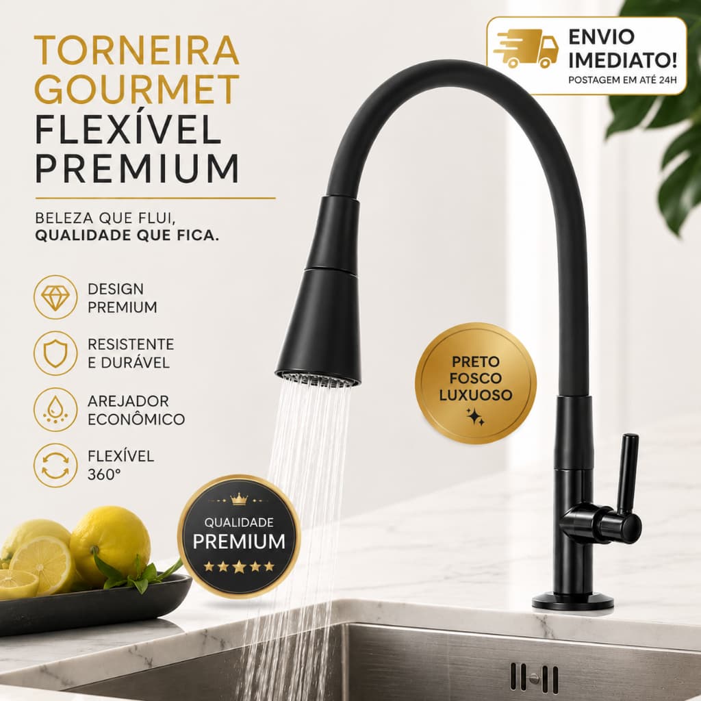 Torneira Cozinha BANCADA FLEXÍVEL AREJADOR Preto Fosco Luxuoso Resistente Design Premium