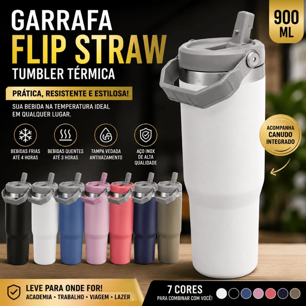 Garrafa Térmica de Água Flip Straw Tumbler Alça Superior e Canudo 900ml Inox Quente Frio Isolamento