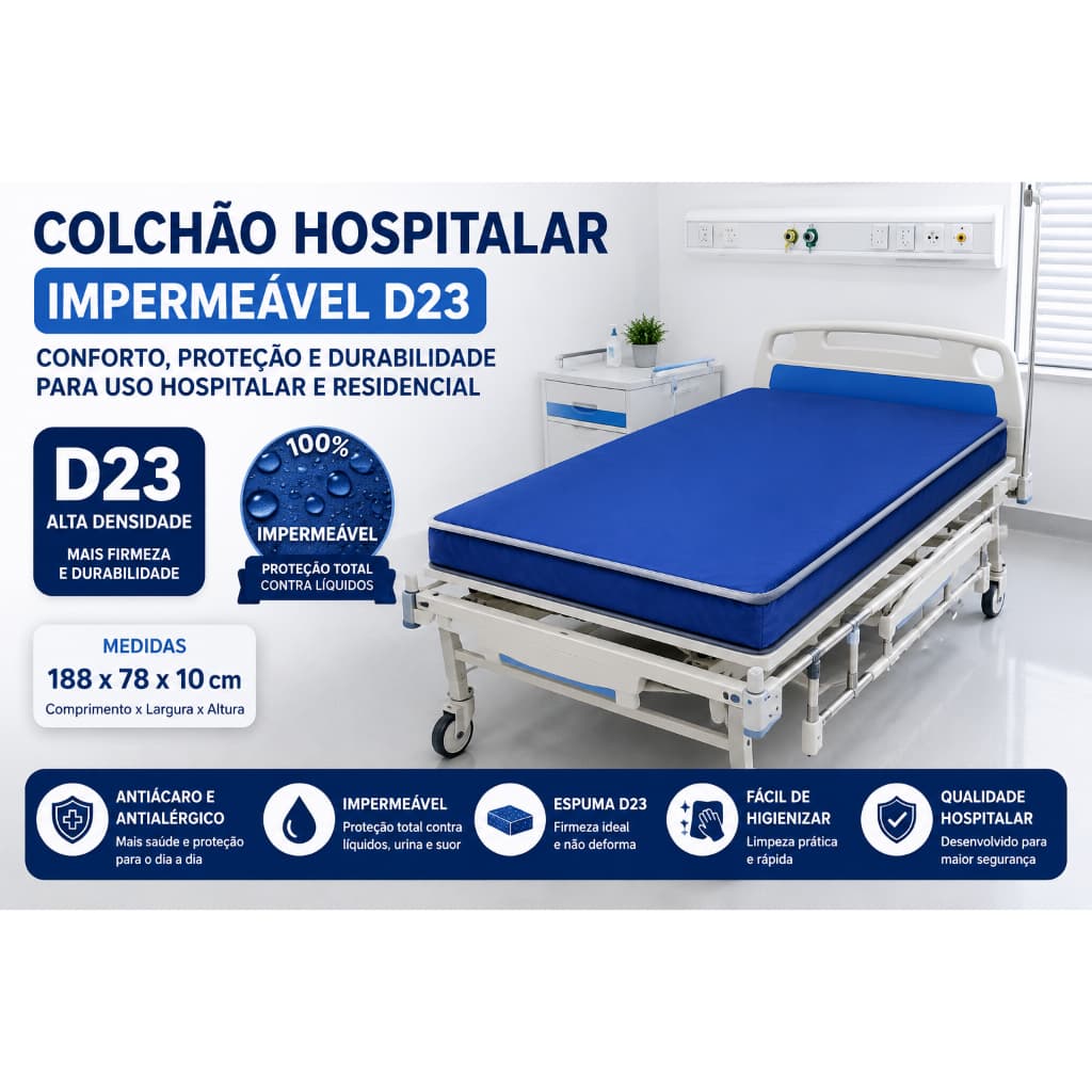 Colchão 188x78x10cm d23 para cama hospitalar solteiro - material impermeável -uso domiciliar -envio imediato