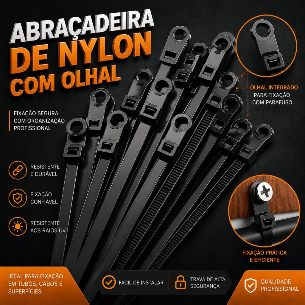 Kits Abraçadeiras Nylon 3,6x150 ou 4,8x200mm Com Olhal Preta Enforca Gato Presilhas Cintas Plásticas