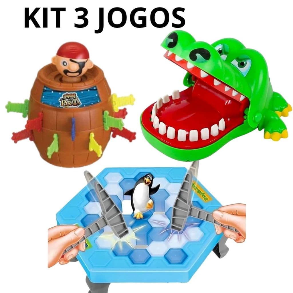 KIT JOGOS BARRIL PULA PIRATA PINGUIM QUEBRA GELO CROCODILO MORDE DEDO BRINQUEDOS INFANTIL CRIANÇA