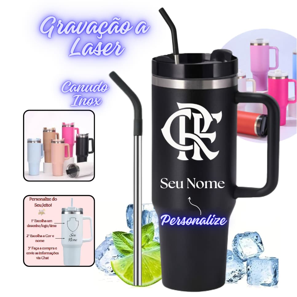Copo Inox Com Canudo 1.200ml Termico Com Seu Time Personalizado com Seu nome