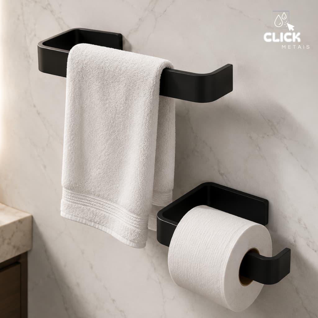 Kit 2 peças Acessórios para Banheiro Preto Fosco Lavabo Porta Toalhas e Suporte para Papel Higiênico