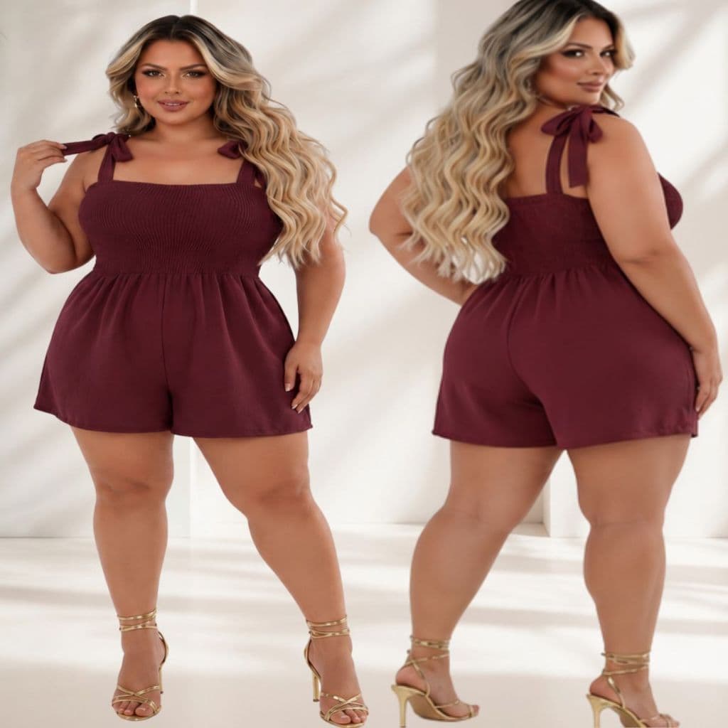 Macaquinho Feminino Alça de Amarrar Soltinho Casual Versátil Moda Verão Busto Lastex Franzido Plus Size.