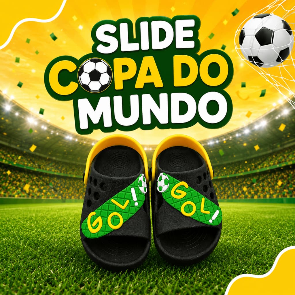 Slide Infantil Copa do Mundo Futebol Gol Menino Leve Confortável Antiderrapante Chinelo com Alça