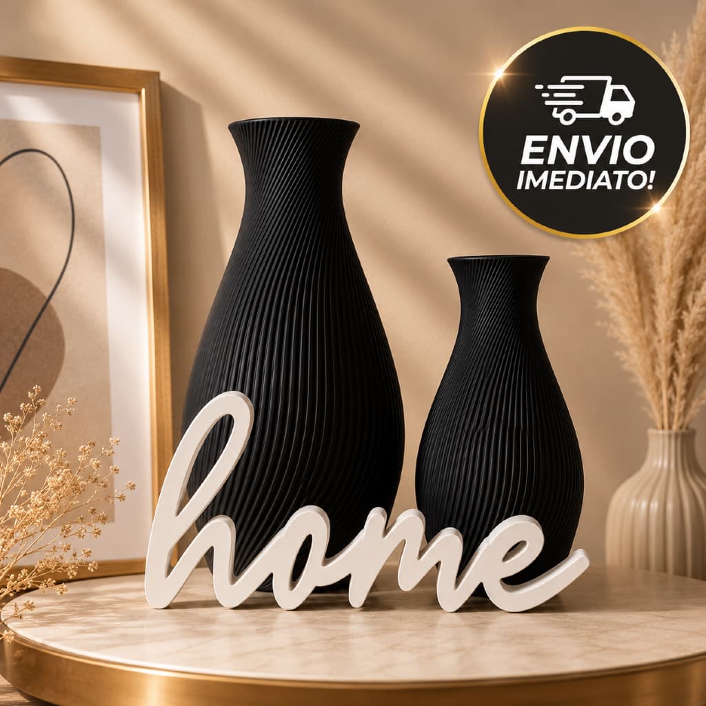 Conjunto de Vasos Pretos Decorativos com Textura Linear e Letreiro Home Branco Premium