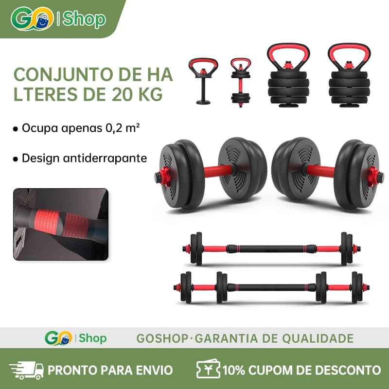 Brinde: munhequeira Kit Halteres Ajustáveis 20kg Multifuncional com Barra Kettlebell e Apoio para Flexões