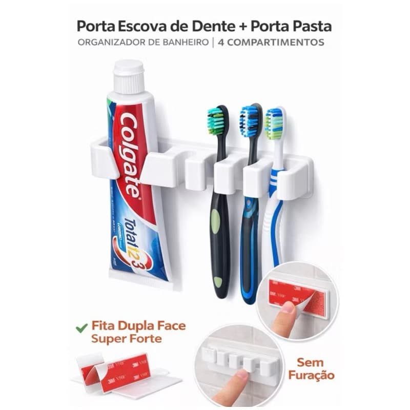 Porta Escova de Dente + Porta Pasta | Organizador de Banheiro | 4 Compartimentos | Sem Furar | Fita Dupla Face