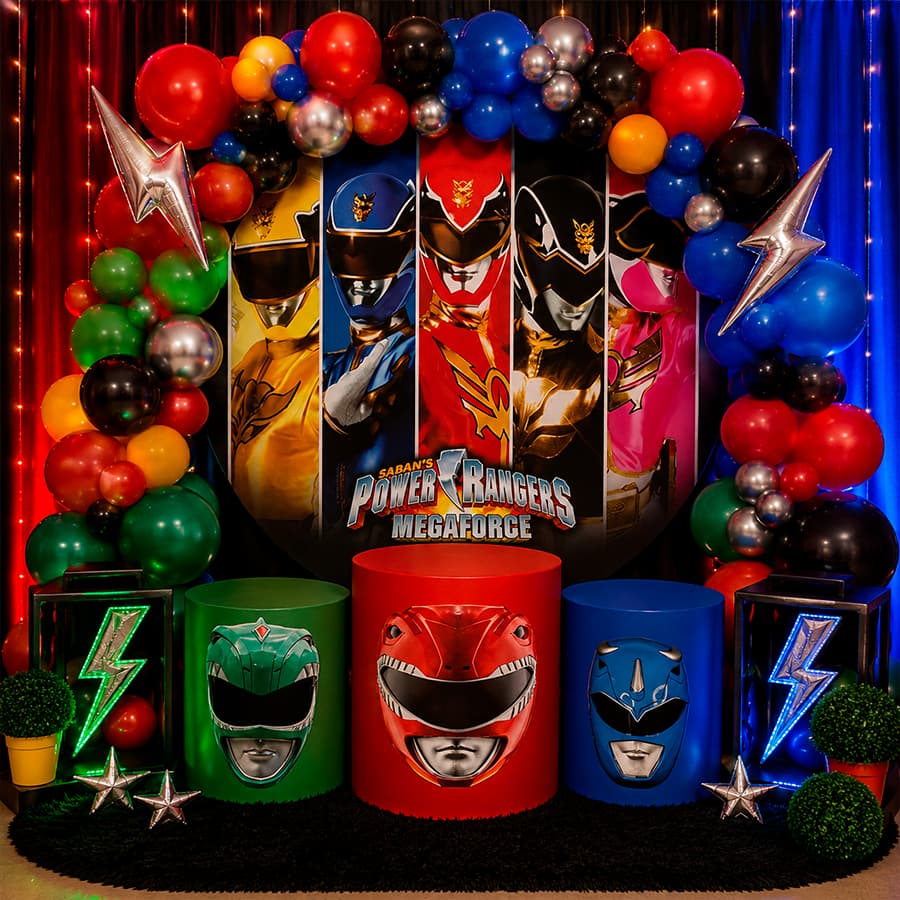 Kit Capa De Painel Redondo + Capas De Cilindro Para Festas Tema Power Rangers Megaforce Herois