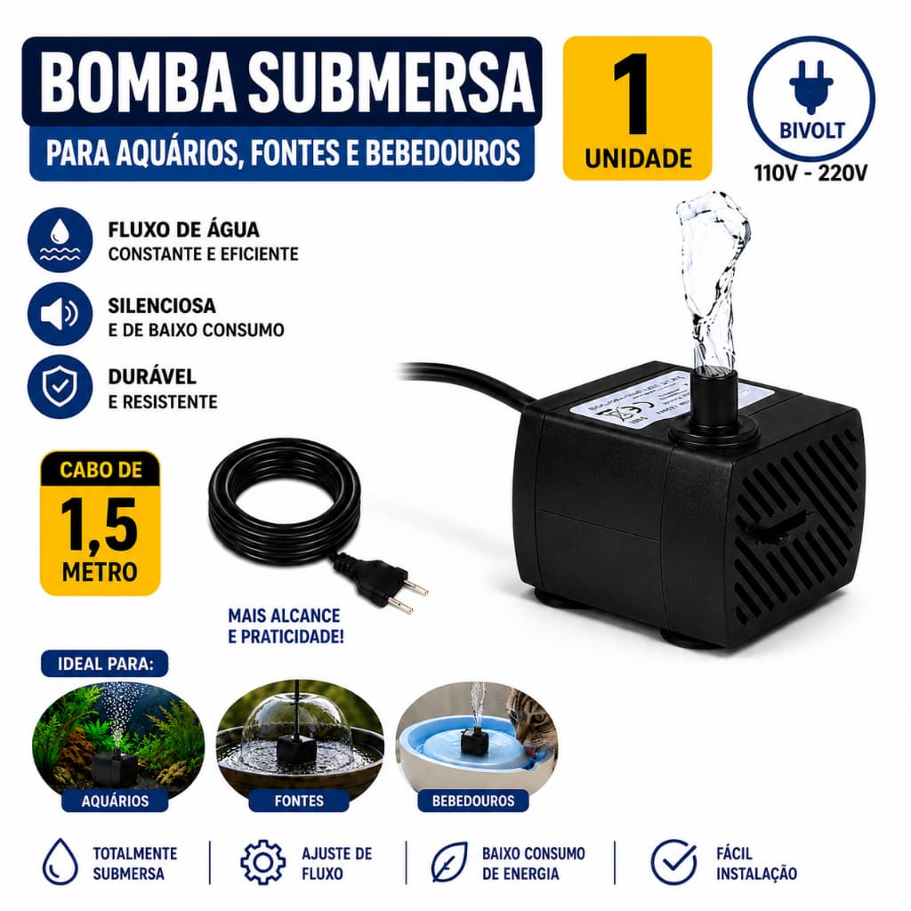 BOMBA SUBMERSA PARA AQUÁRIO/FONTES E BEBEDOURO - BIVOLT- 3W - 180L/H