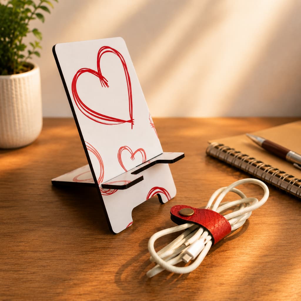 Kit Suporte para Celular + Organizador de Cabo em Couro