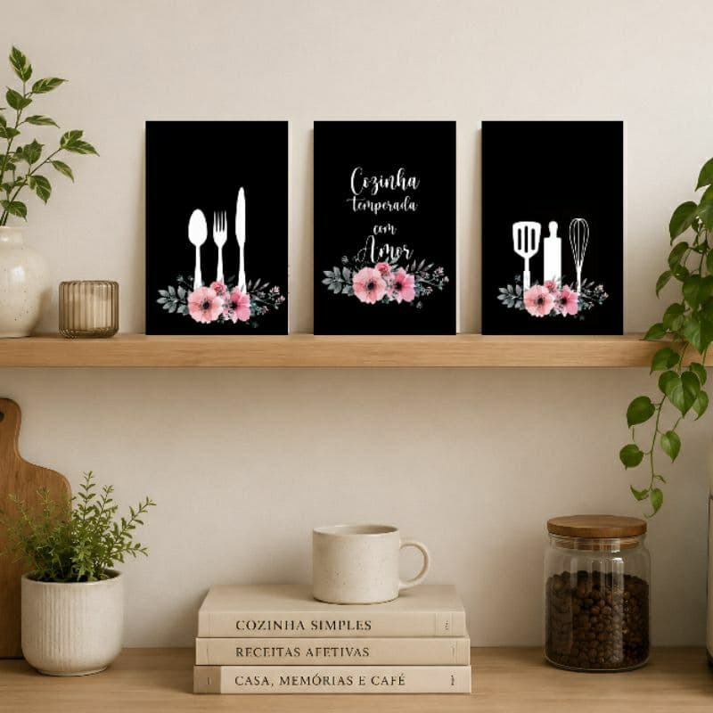 kit 3 placas decorativas cozinha, decoração quadrinho talheres astethic