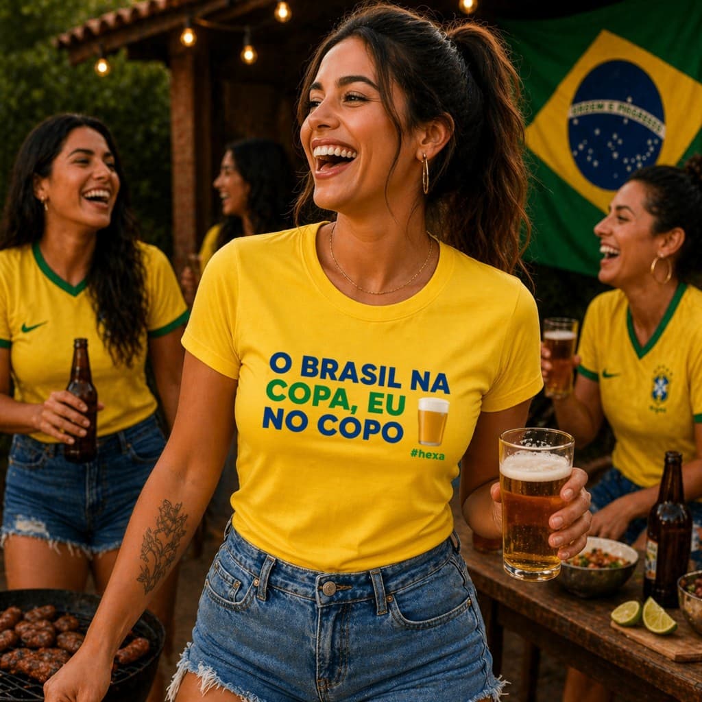 Camiseta Brasil Feminina Engraçada O Brasil Na Copa Eu No Copo T-Shirt Copa 2026