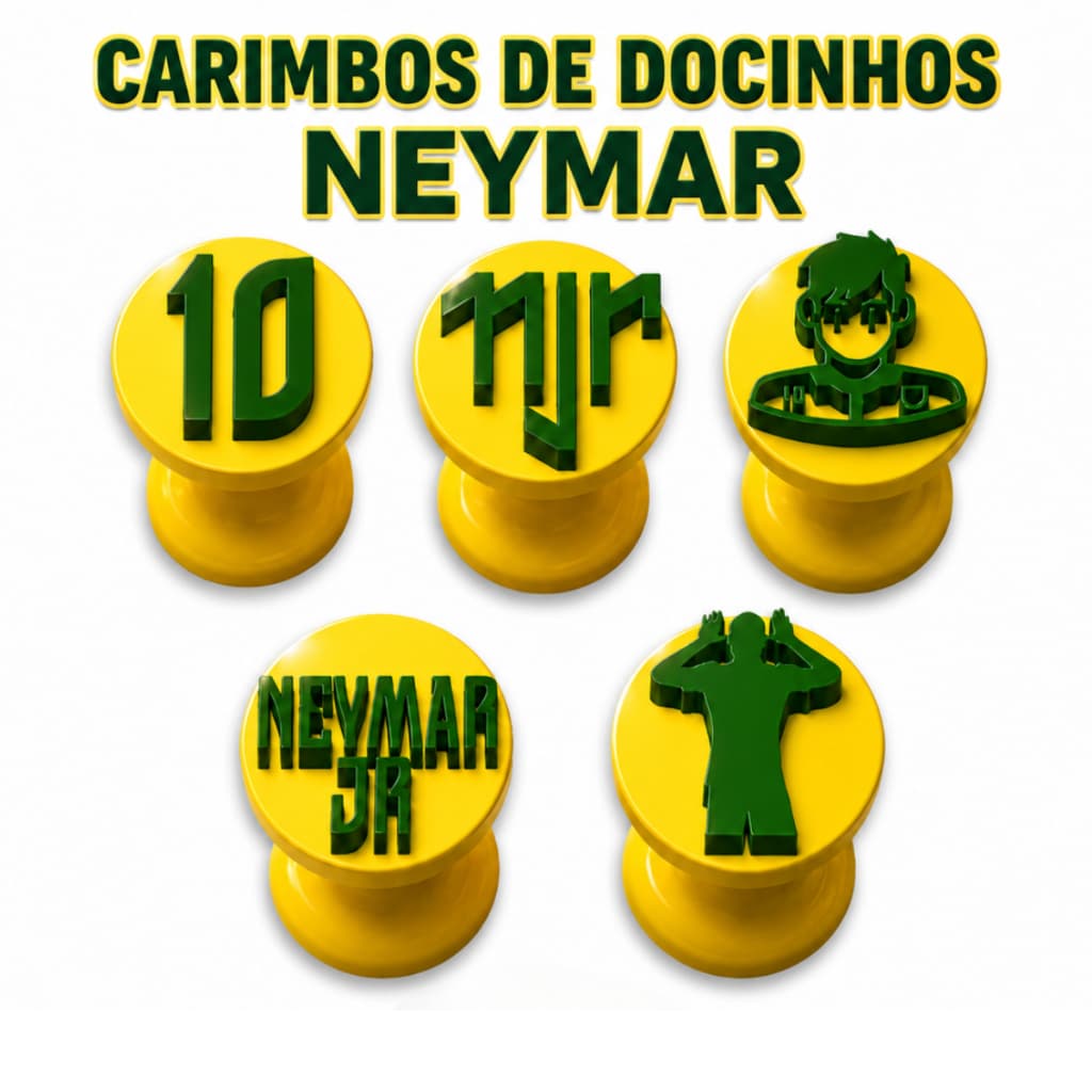 Kit 5 Carimbos de Docinhos Neymar Jr Seleção Brasileira Copa do Mundo Suporte de Carimbos