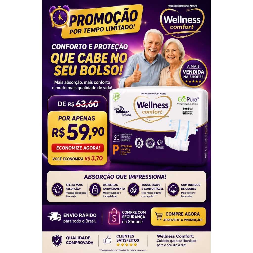 Fralda Geriátrica Adulto Wellness Comfort P 30un Alta Absorção Dia e Noite
