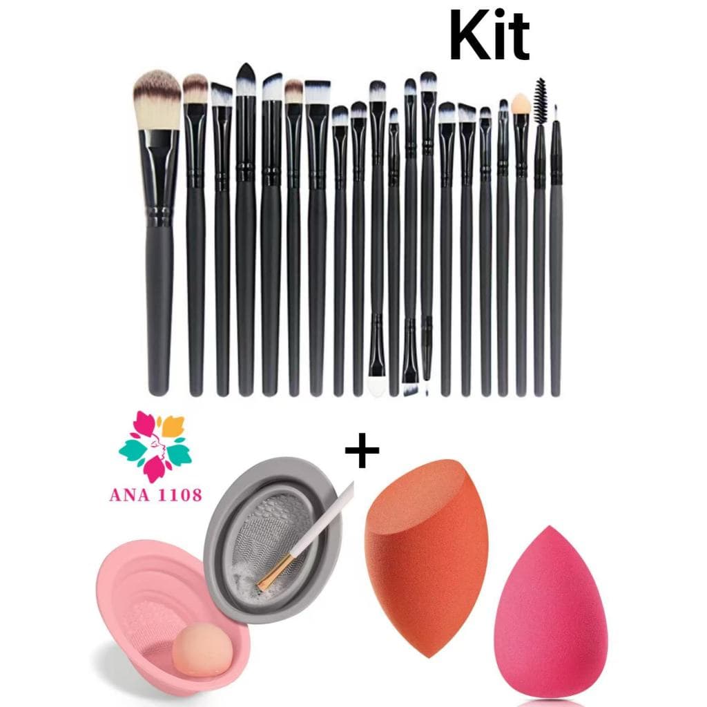 KIT 20 Pcs  Pincéis De Maquiagem+2 Tigela para limpeza de pincéis+2 Esponjas-YOUYI