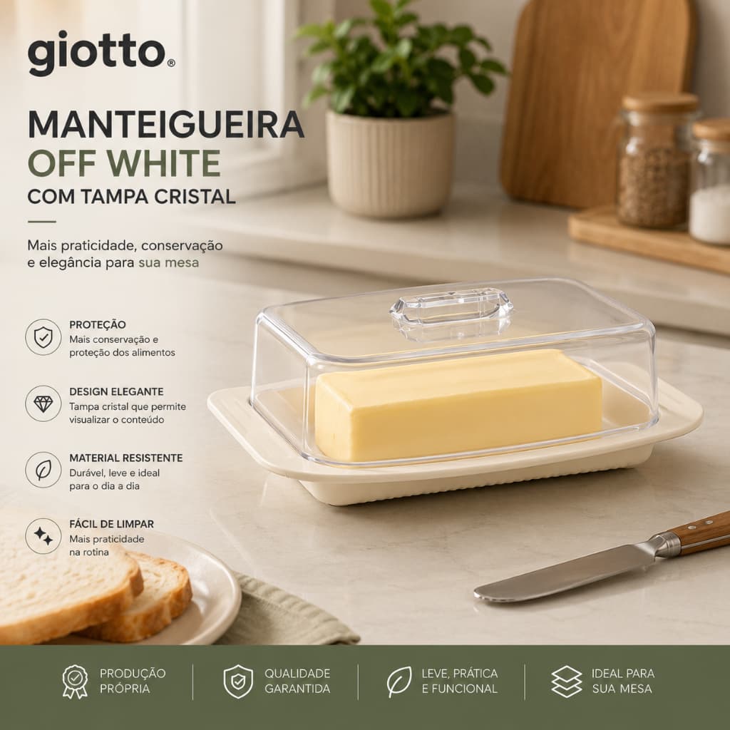 Manteigueira Off White com Tampa Cristal Porta Manteiga Plástico Resistente Giotto