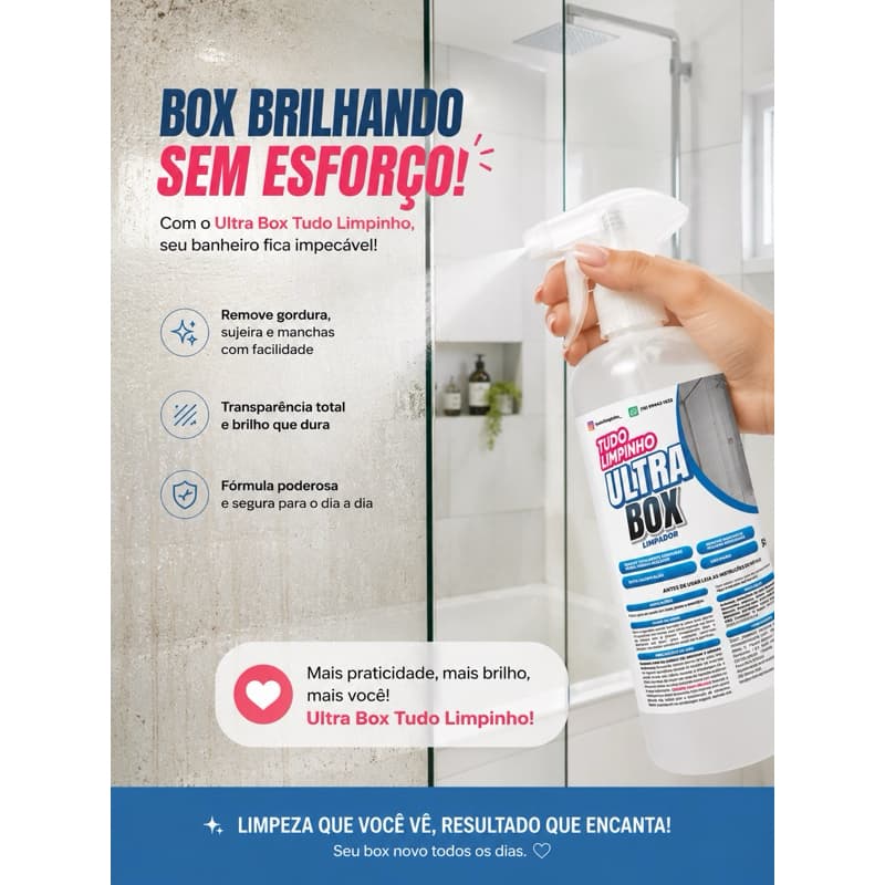 Ultra Box Limpeza Box Banheiro 500ml Remove Gordura Evita Calcário Limpa Vidro Azulejo e Piso Multiuso
