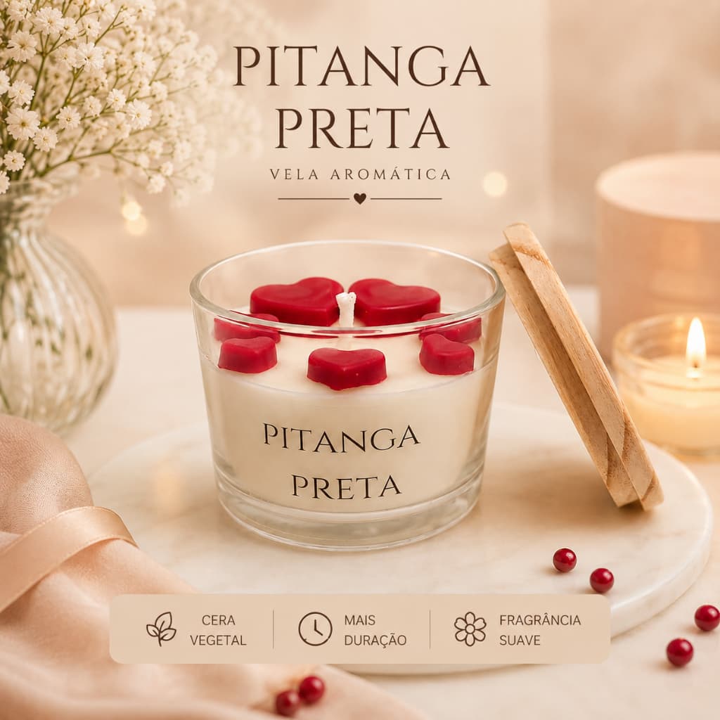 Vela Aromática Premium Pitanga Preta 110g Pote de Vidro e Tampa de Madeira
