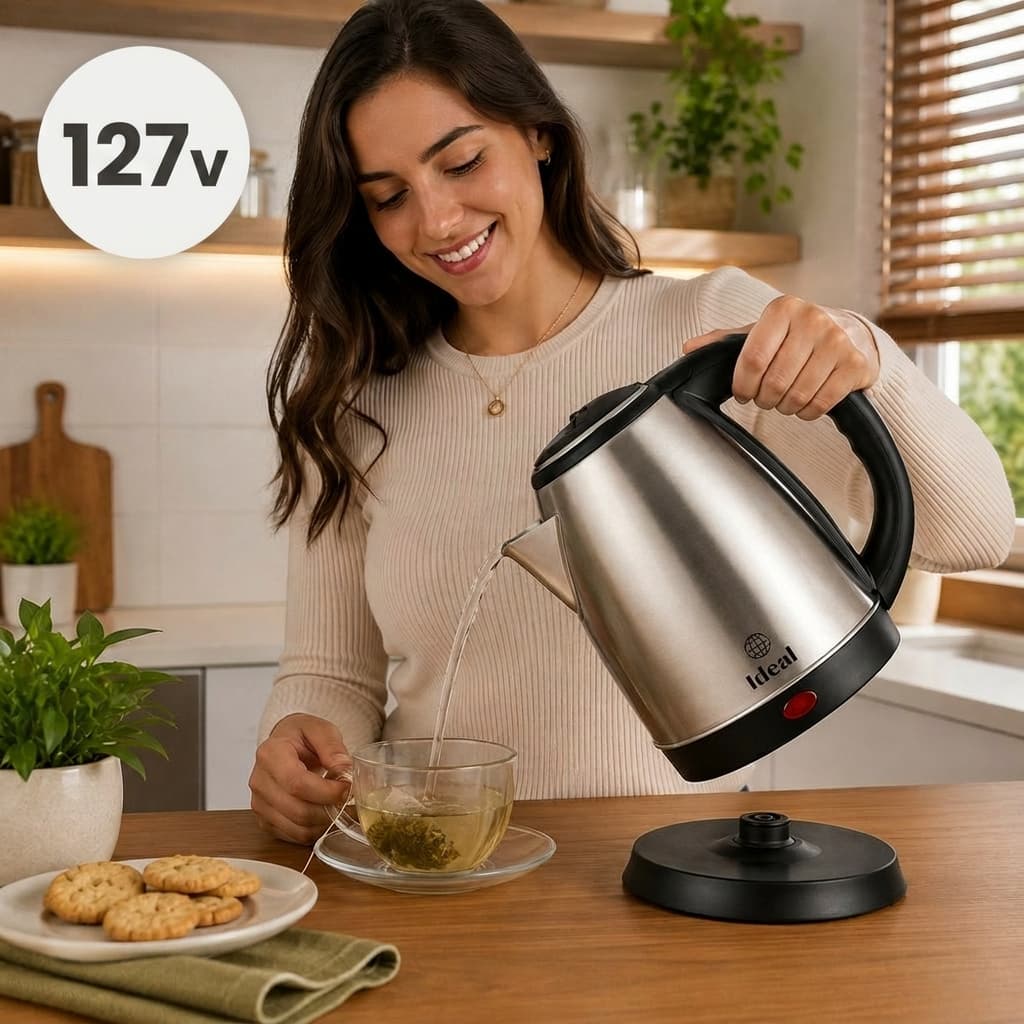 Chaleira Eletrica Inox 1,8 Litros 1000 Watts Aquecimento Rapido Desligamento Automatico Seguranca agua quente cafe