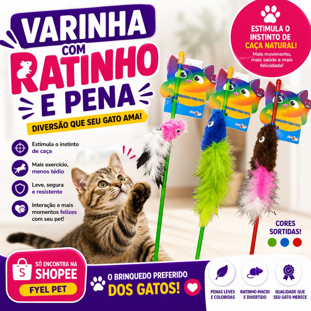 Brinquedo para Gato | Varinha de Gato com Ratino e Pena | Brinquedo Rato Interativo de Gato