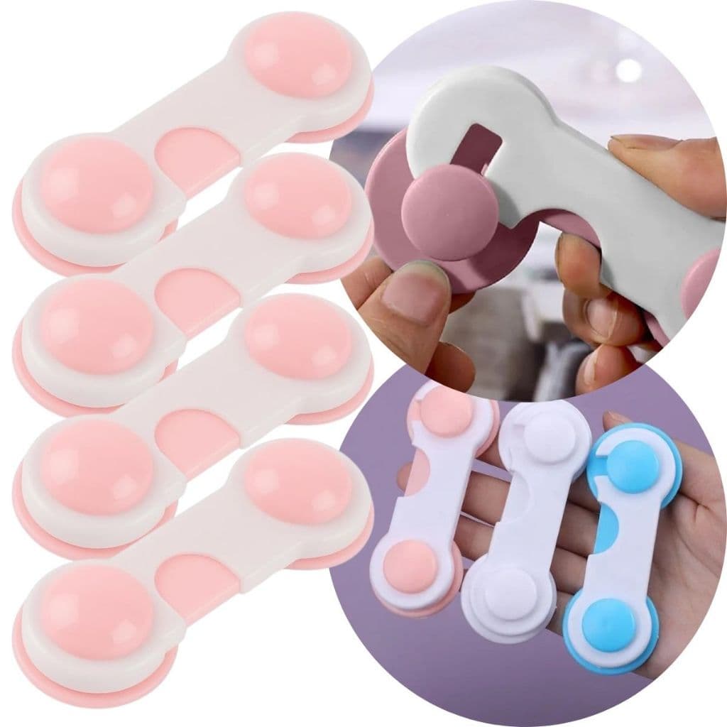 Kit 4 Trava Fecho Para Gaveta Rosa Armário Protetor Segurança Bebê Criança Multiuso De Plástico