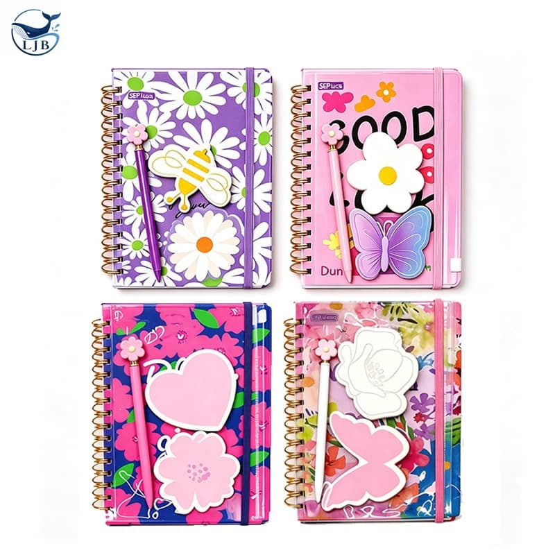 Caderno Espiral Floral com Caneta e Post-its para Estudantes